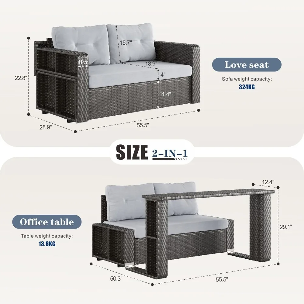 Patio Wicker Sofa with Foldable Long Table, Outdoor Rattan Couch Furniture Steel Frame with Deep Seat High Back and Grey Cushion 3