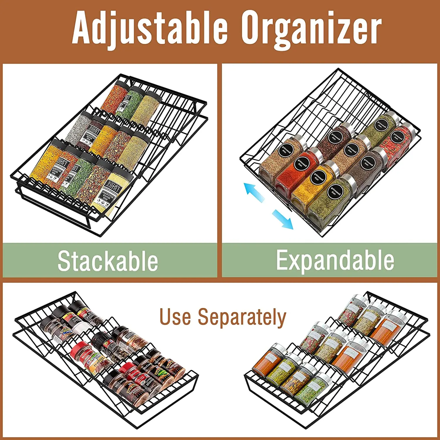 Spice Drawer Organizer, 2 Pack Expandable Metal Spice Rack Organizer