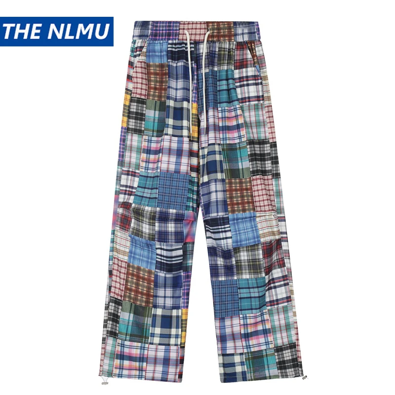 Unisex Loose Straight Pant Retro Plaid Printed Casual Pant Jogger Harajuku Color Block Patchwork Sweatpant