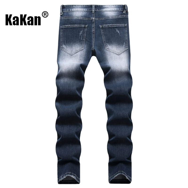 Kakan - New Elastic Slim Fit Small Feet Men's Jeans, Personalized Pocket Patch Blue Tight Long Jeans K19-8834
