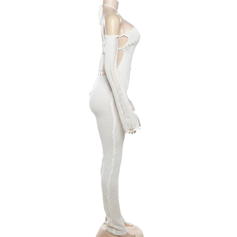 Slim-Fit Halter Strap Knitted Long-Sleeved Jumpsuit Autumn Women's Solid Color Microbomb Hollow-Out Sexy Style Jumpsuit