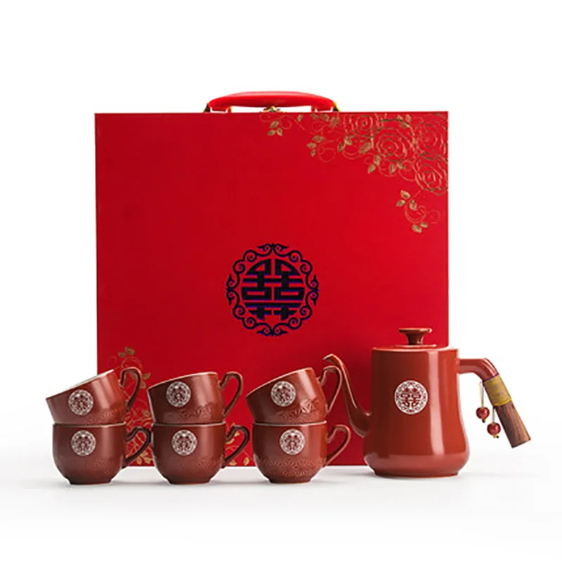 Chinese Double Happiness Red Household Ceramic Tea Set, Teapot Cup with Serving Tea Tray, Souvenir Gift, Wedding Supplies