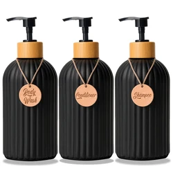 Elegant Matte Black Bathroom Dispenser Set - Shampoo, Conditioner, and Body Wash Bottles with Tags (Black)