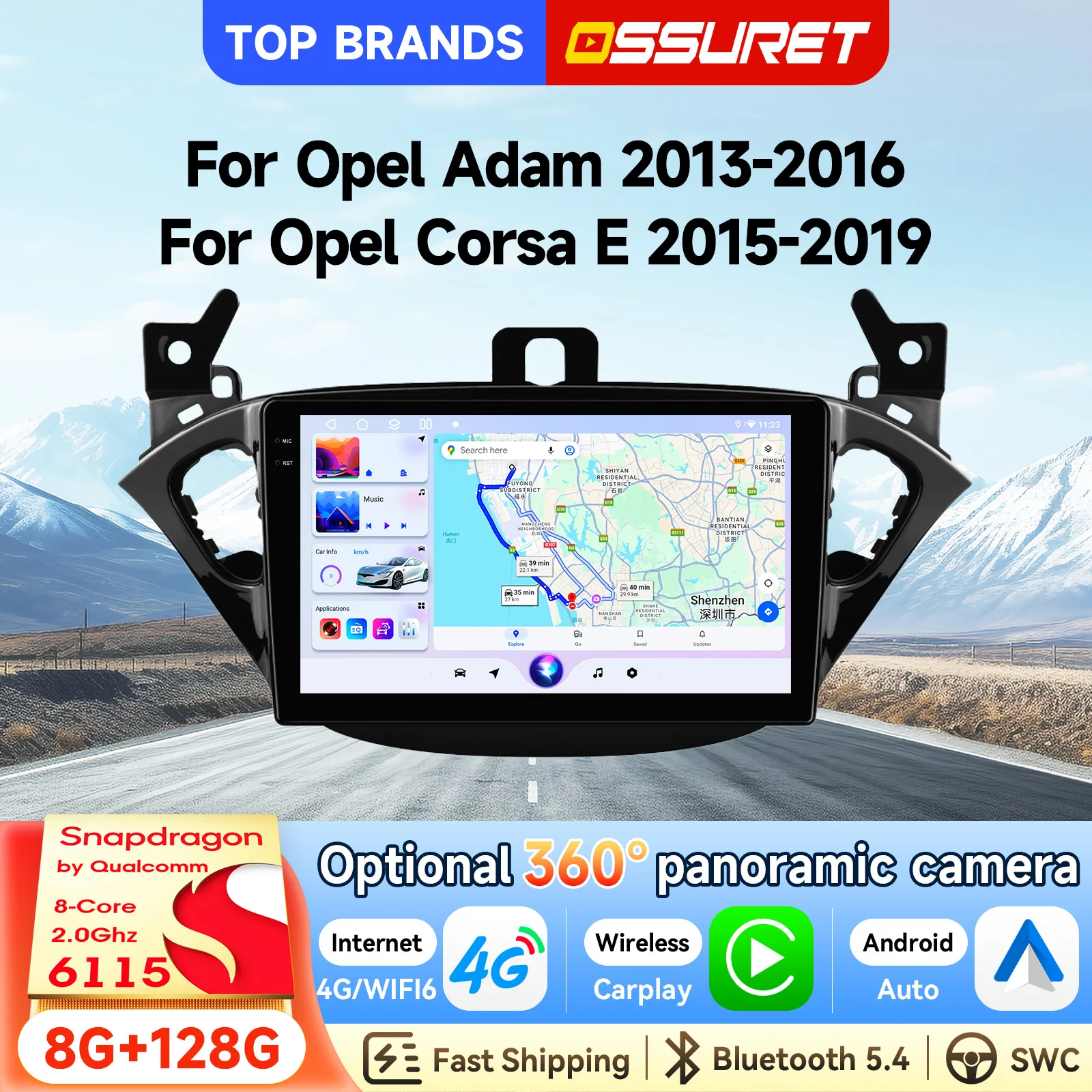 OSSURET Envío Rápido, Radio de Auto Android 14 de 9 Pulgadas y 2 Din con Qualcomm Snapdragon 6115 Octa Core para Opel Adam 2013-2016/Corsa E 2015-2019, Unidad Principal con Carplay Inalámbrico, Android Auto, DSP Audio, SWC, Bluetooth, Pantalla Dividida, 4G, GPS, Navegación, Sistema Inteligente para Auto 1
