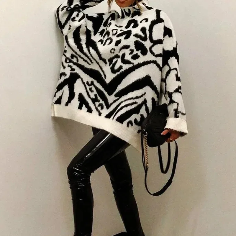 

New Women Winter Turtleneck Loose Sweater Long Sleeve Zebra Knitted Female Fashion Autumn Warm Jumper Casual Pullover One Size