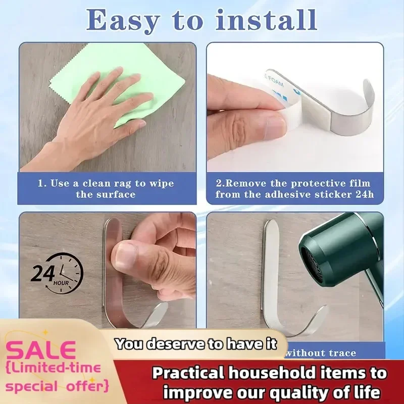 Kitchen Adhesive Hooks Metal Stainless Steel Wall Hooks Utility J Hook Key Holder Self Adhesive Wall Hook for Shower 2/4Pcs