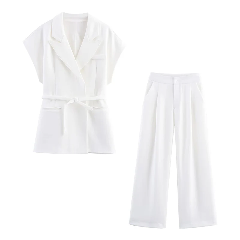 Simple Style Straight Pants 2 Pieces Sets For Women Office Tied Vest Top Trousers Women's Suit 2025 New Casual Woman Outfit