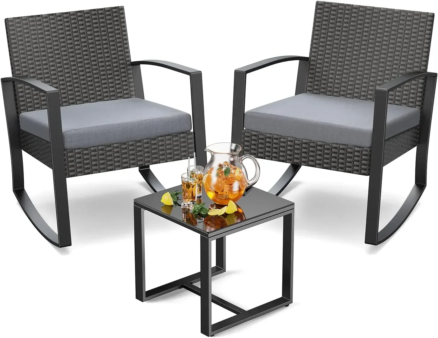 

3 Piece Wicker Patio Furniture Set, Outdoor Rocking Chairs, Outdoor Furniture with Table & Cushions, Gray