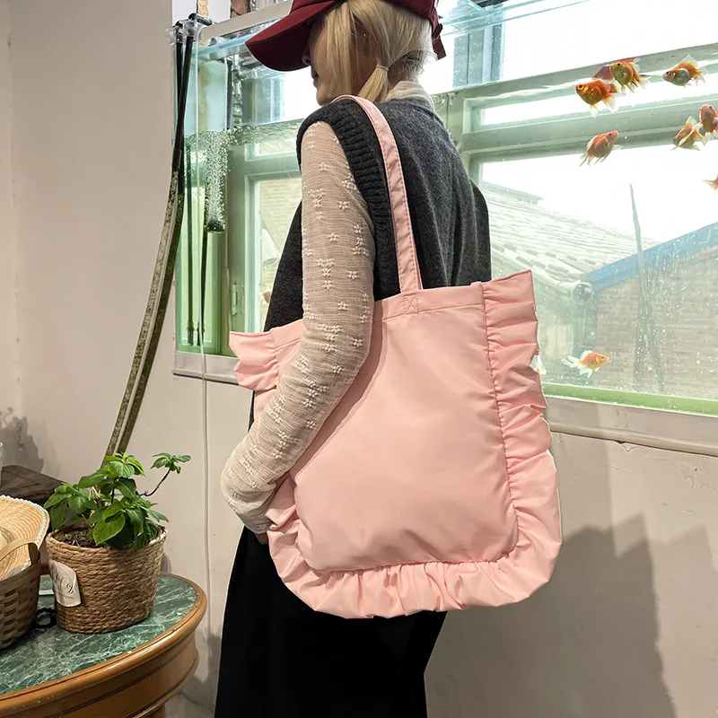 Vintage Women Tote Bags French Style Ruffles Elegant Sac A Main Femme Large Capacity Light Thin Shoulder Bolso Mujer Handbags - 4