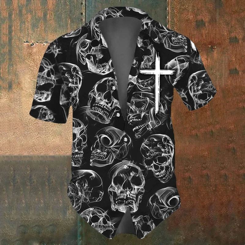 Casual Short Sleeved Shirt Short Sleeved Shirt Men's Skull Shirts Summer Casual Short Sleeve Shirt for Men Black White Printed Men's Clothing Loose Oversized Lapel Shirts Top