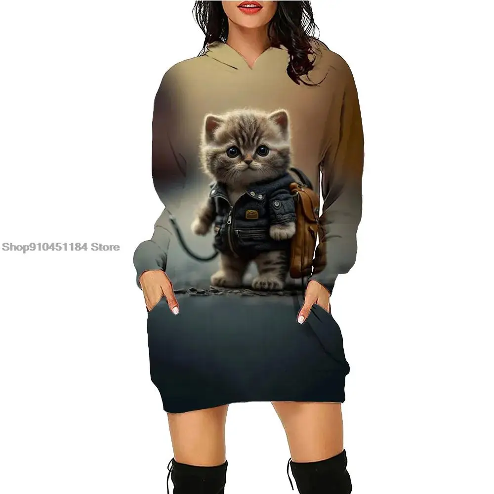 Fashion Cartoon Cat Hoodies 3D Printed Women Hoodie Dress Daily Workout Long Sleeve Pockets Pullover Autumn Winter Loose Casual