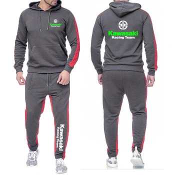 2025 Set di colori solidi da uomo primaverili e autunnali Kawasaki Moto Racing Team Logo Stampa High Street Felpe con cappuccio + Pantaloni sportivi Tute 1