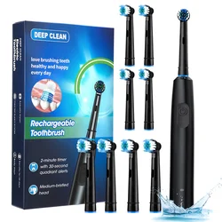 Rechargeable Rotary Electric Toothbrush with 8 Replacement Heads (Black 8 heads)