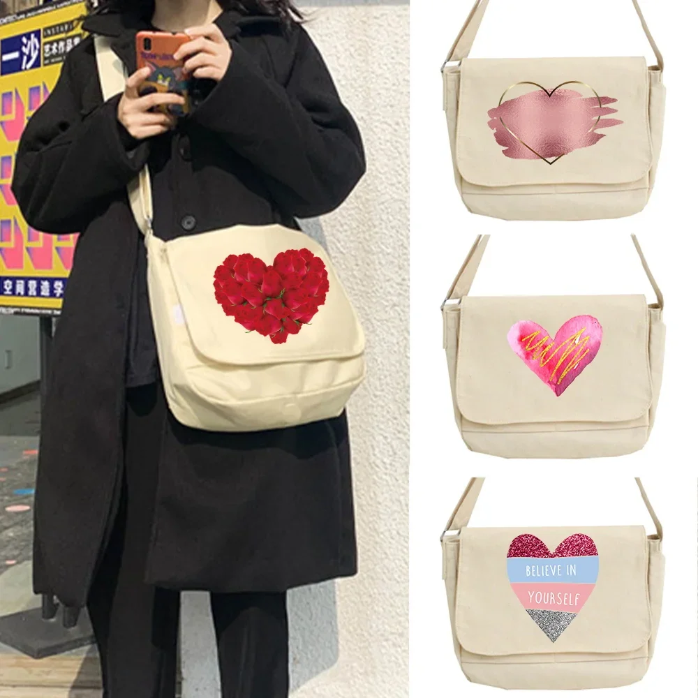

Women's Bag Canvas Messenger Bags Love Pattern Series Youth Fashion Shoulder Bag Student Large Capacity Female Crossbody Bags