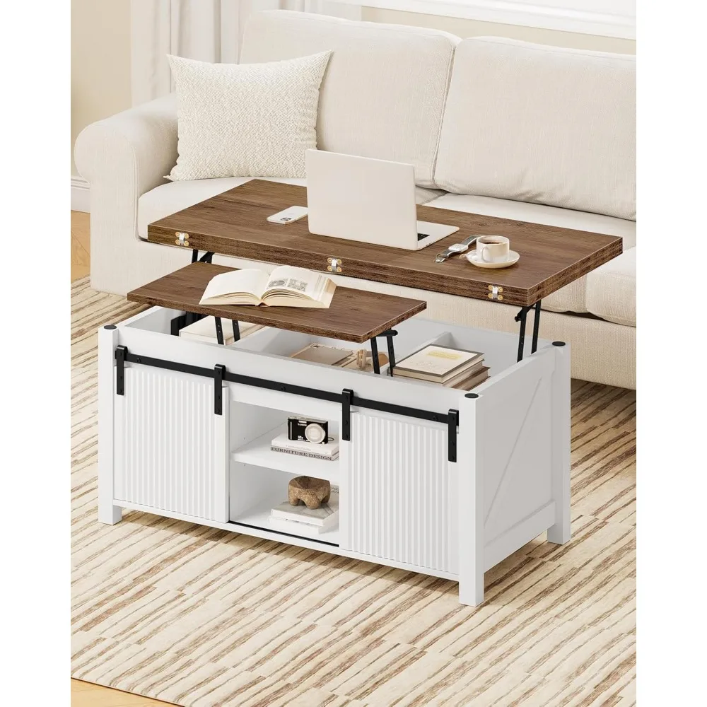 39.4" Lift Top Coffee Table, 4 in 1 Coffee Table, Farmhouse Convertible Coffee Tables, with Hidden Compartments, with Sliding Do 2