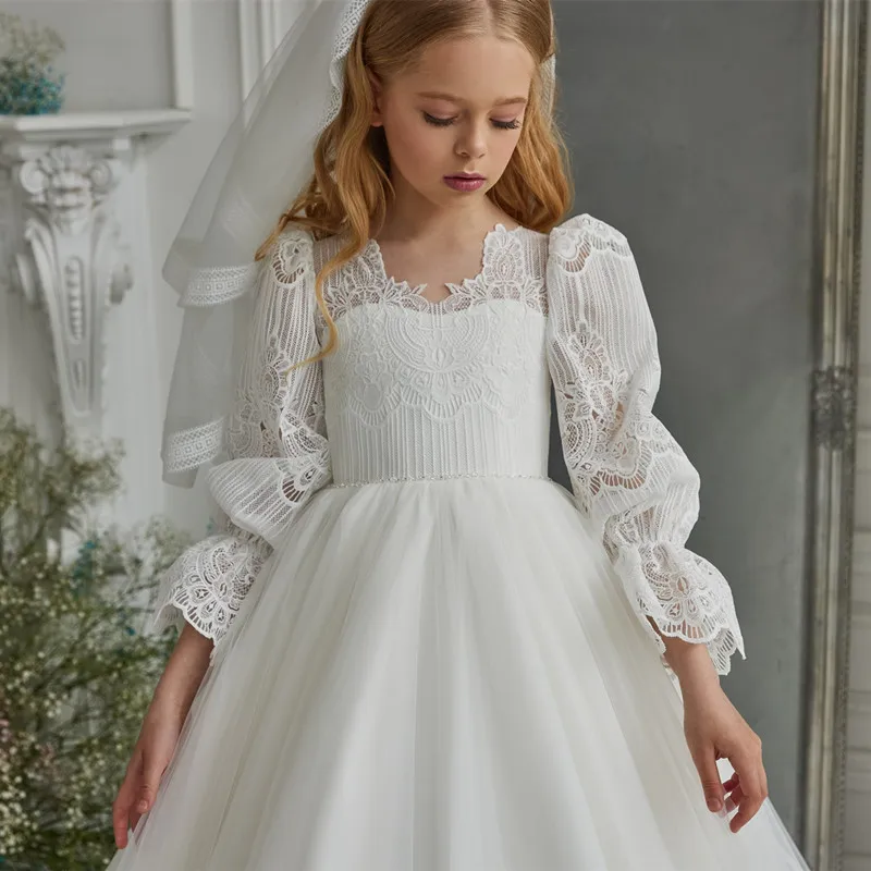 Flower Girl Dress Fluffy Tulle Lace Long Sleeve Button Back Wedding Senior Flower Children Sacrament Birthday Prom Dress