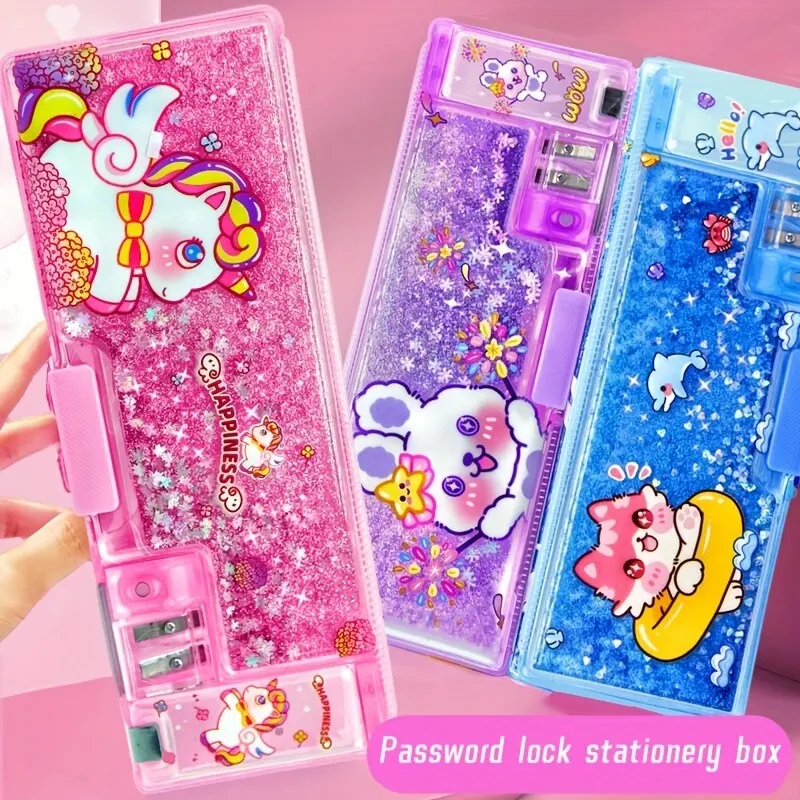 1PCS Star Sequin Quicksand Pencil Case With Pencil Sharpener & Password Lock