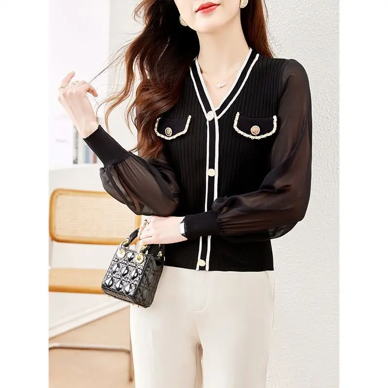 2023 Spring And Summer New Loose Style Knitwear Cardigan French Chiffon Sleeve Splice Colored Fashion Women's Trend Tops