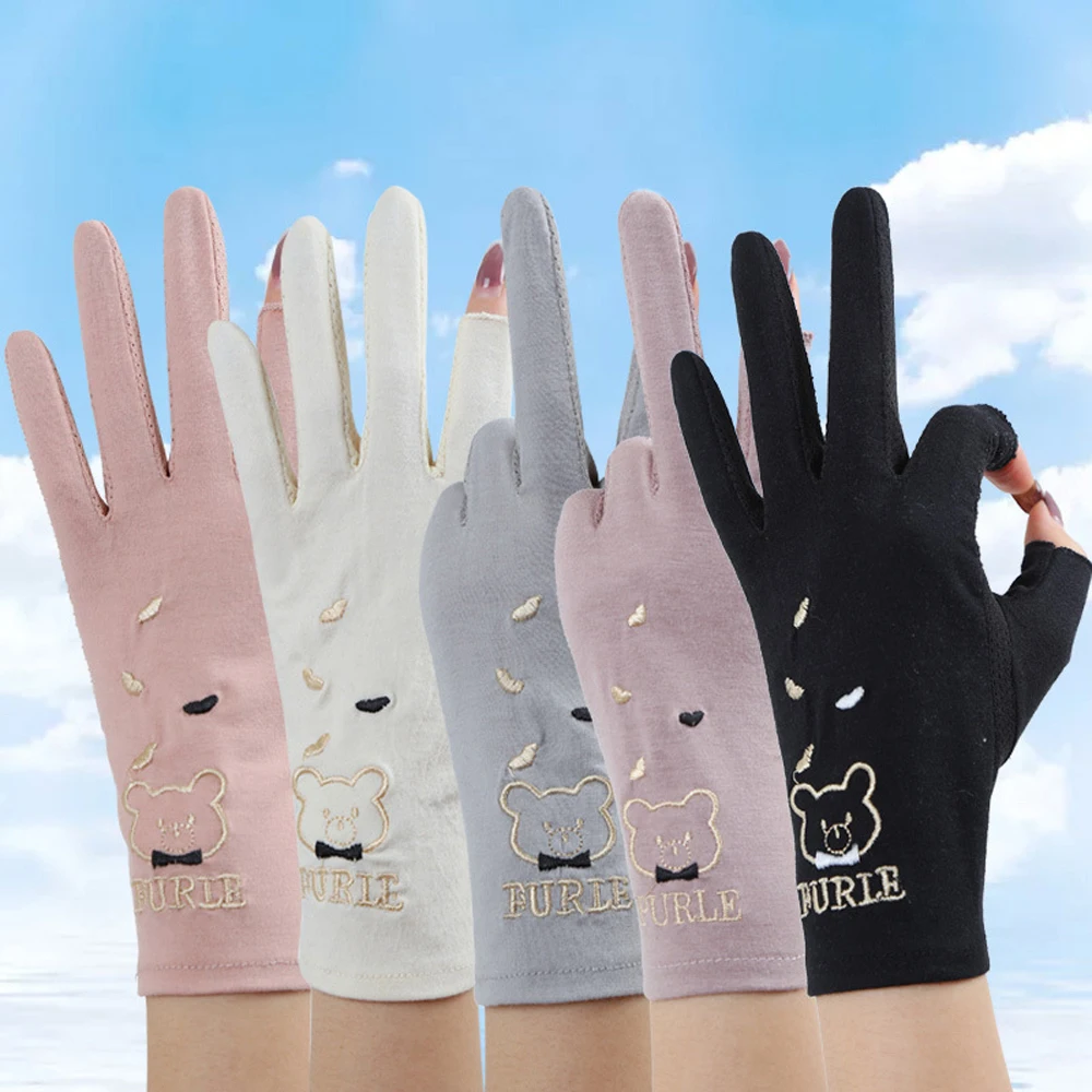 Cute Embroidered Bear Cycling Summer Mesh Lady Thin Gloves Drive Mitten Five Fingers Mitts Sunscreen Mittens