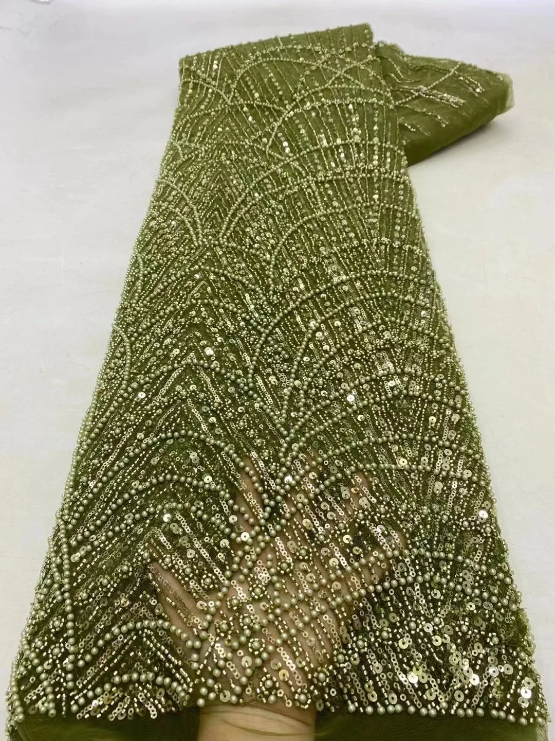 

African Beaded Lace Fabric 5 Yards 2023 High Quality French Sequins Beads Mesh Nigerian Wedding Luxury Lace Fabric For Dress