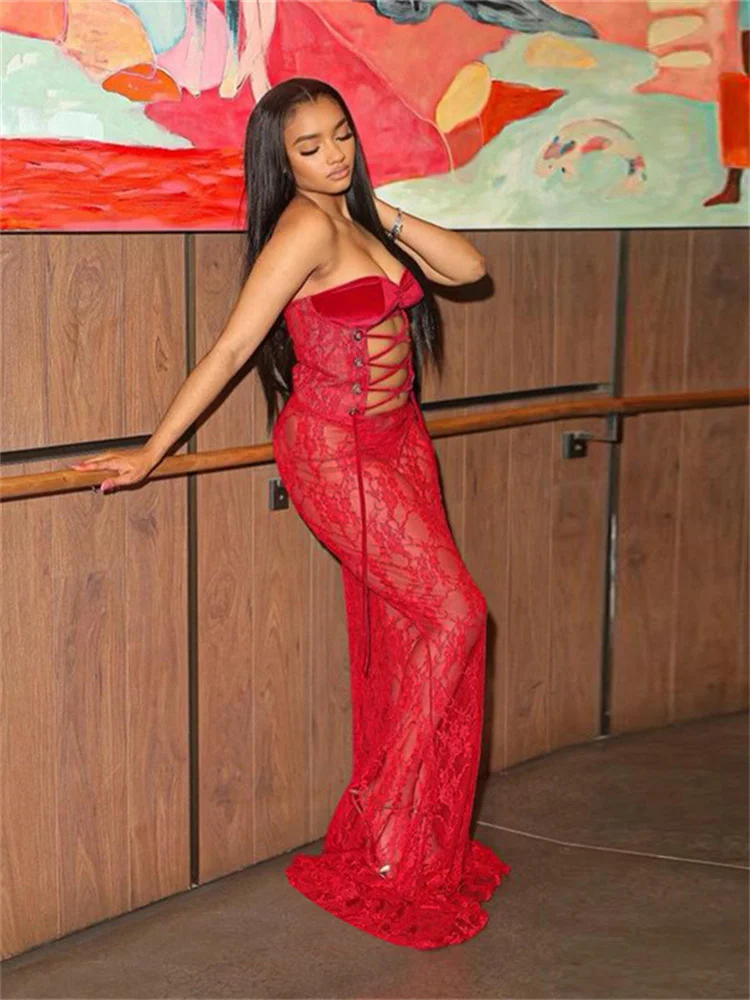 Nibber Lace Sexy Women Maxi Dress Stunning Coquette See Through Patchwork Drawstring Strapless Bodycon Mujer Midnight Club Robe 2