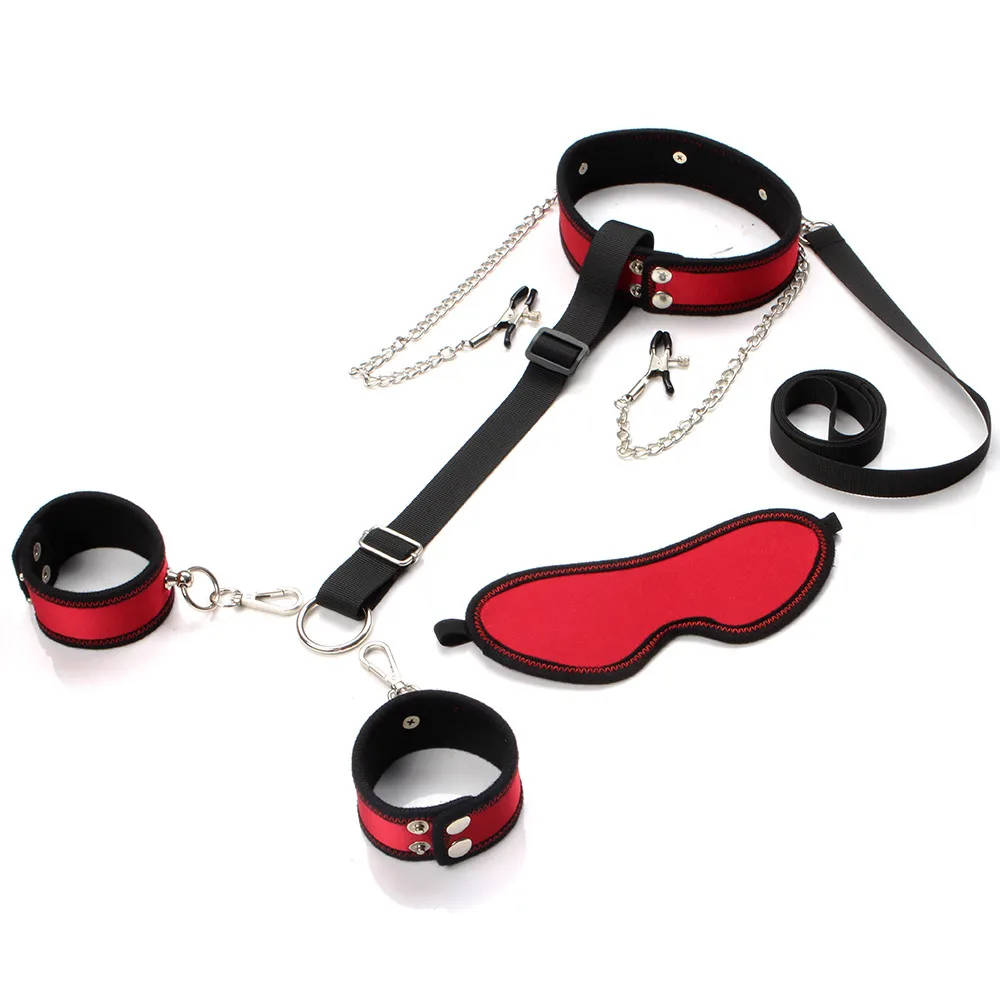 

Domination BDSM Bondage Kit Soft Slave Collar SM Handcuffs With Nipple Clamps Blindfold Adult Supplies Toys For Adult SM Games