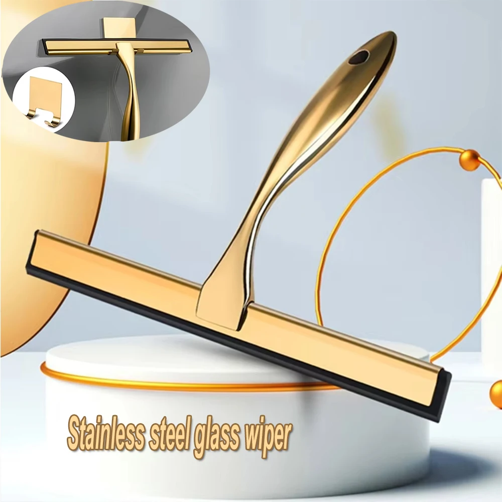 T Design อลูมิเนียมไม้กวาดอาบน้ําพร้อมแปรงซิลิโคนสําหรับกระจกประตูห้องน้ํากระจกรถยนต์พร้อม Hook Scraper Cleaner Gold 1