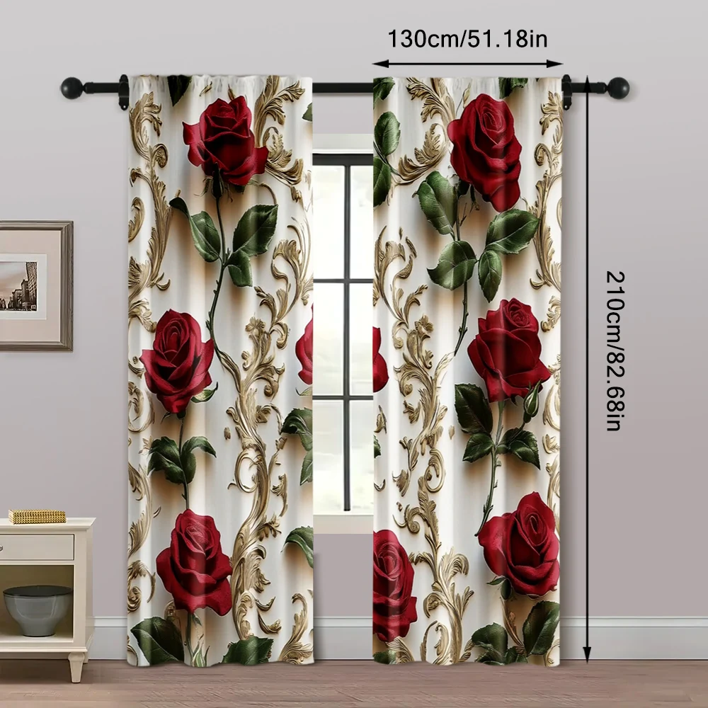 2pcs, Upscale Curtains 2D print Red Roses & Golden Floral Pattern Polyester Woven (without rod) All Seasons for Bedroom and 5