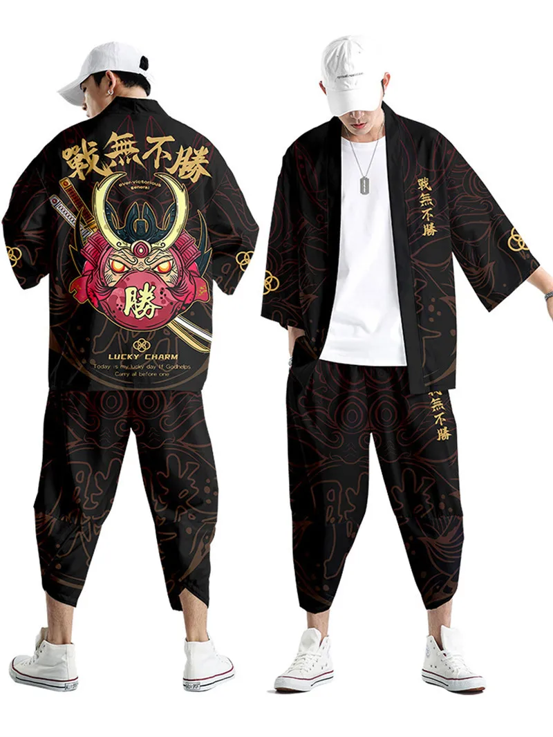 Japanese Kimono Cardigan Pants Set Print Dragon Men Women Shirt Yukata Haori Obi Cosplay Costume 5XL 6XL