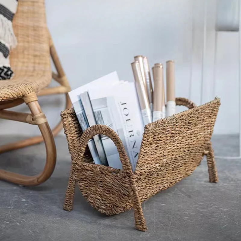 Nordic Design Handwoven Seagrass Floor Magazine Rack Living Room Small Bookshelf Storage Organizer Furniture Estanterias FYMR