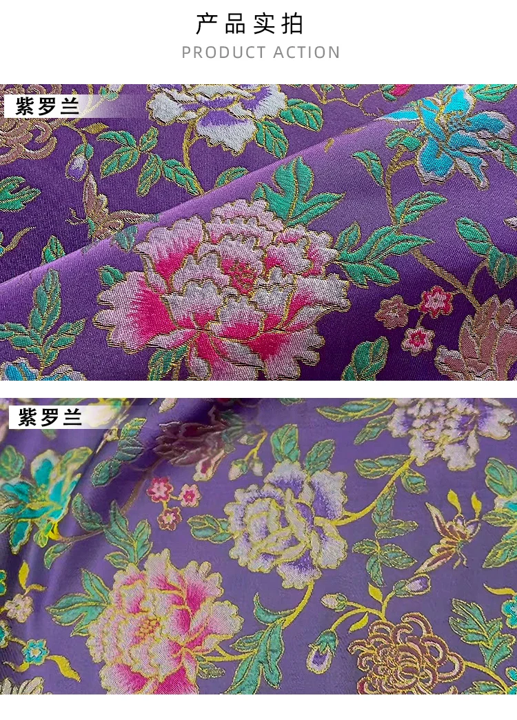 100X145CM Brokat Blumenmuster Goldfaden Jacquard Satin Stoff zum Nähen Cheongsam Kleid DIY handgemachter Stoff – Detail 3