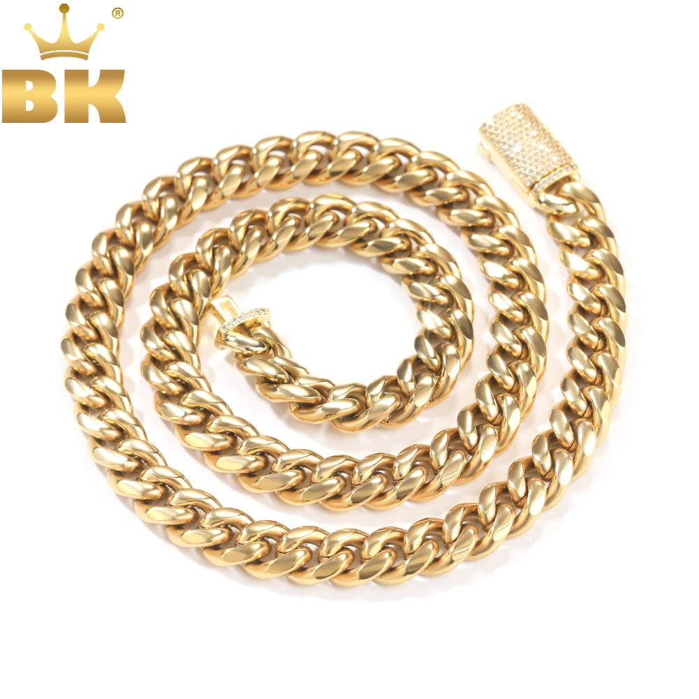 

TBTK 8mm/10mm/12mm Stainless Steel Cuban Link Chain Iced Out CZ Box Clasp Bracelet Necklace Fashion Hiphop Men Jewelry