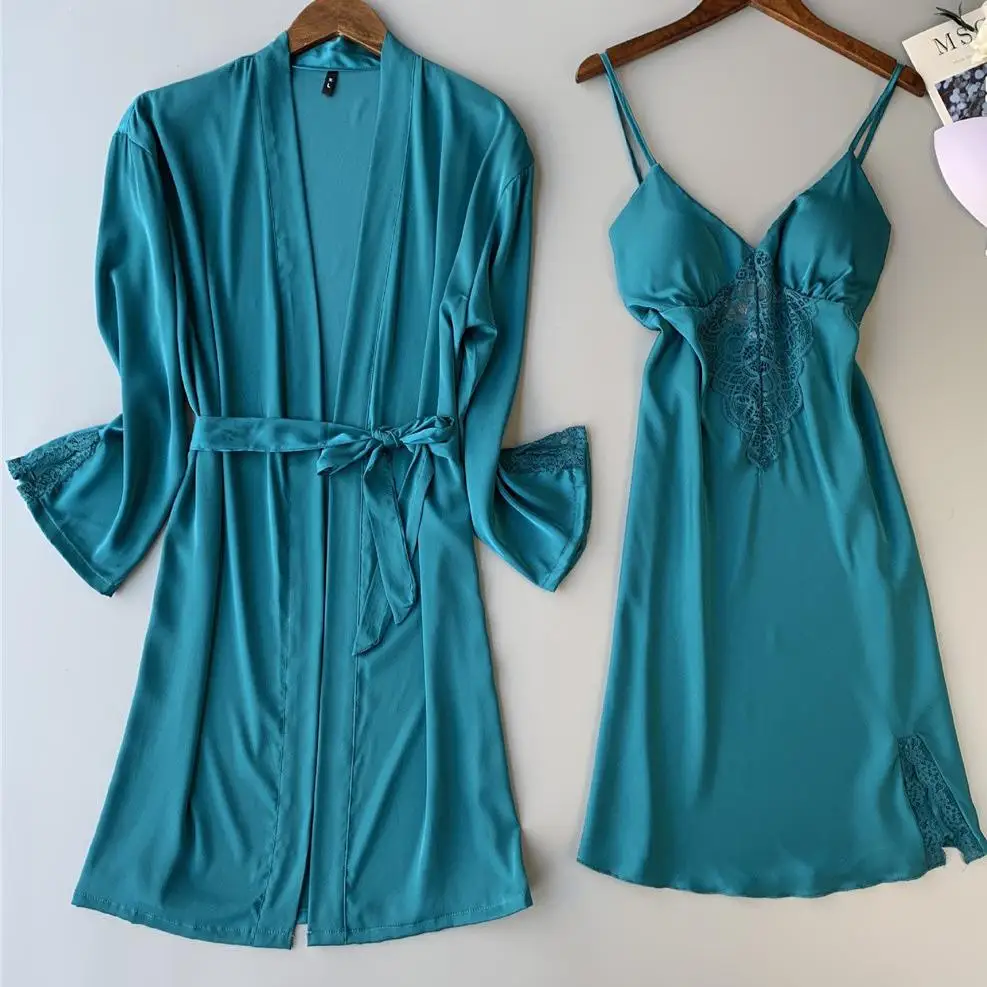 

Twinset Kimono Robe Gown Set Summer Lady Bathrobe&Strap Nightgown Sexy Two Pieces Sleepwear With Lace V-Neck Intimate Lingerie