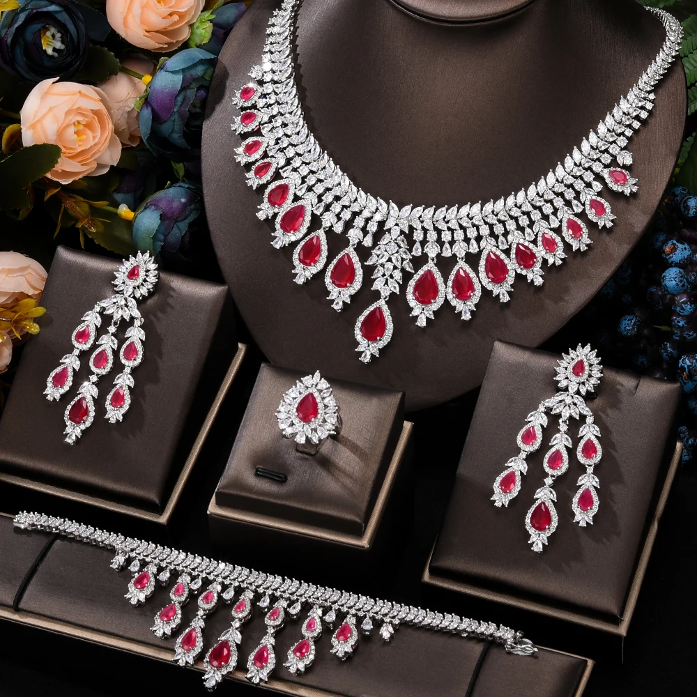 

Siscathy 2022 Indian Bride Necklace Wedding Party Dress Luxury Jewelry Set For Women Full Cubic Zircon Collars Bracelets Earring