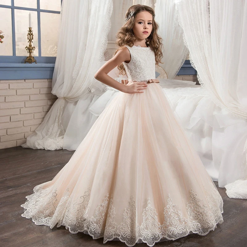 

Elegant Bow Wedding Girl Dress White First Communion Bridemaid Party Kids Dress for Girl Evening Princess Flower Costume Vestido