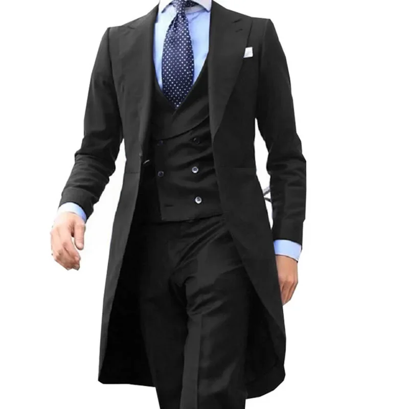 

New Fashion Long Coat Burgundy Men Suit 3 Pieces (Jacket+vest+Pants) Slim Fit Male Set Tuxedo Prom Party Blazer Custom Made