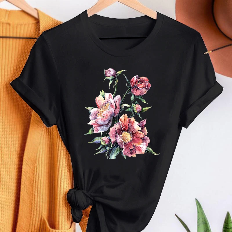 

Cartoon Black Tshirt Women Casual Flowers Loose Tee shirt femme Clothes Oversize Summer Crewneck Kawaii Tops Ladies T-Shirt