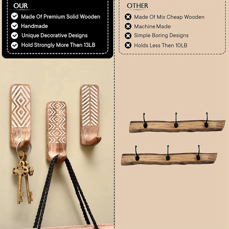 3 Pack Non-Destructive Wood Wall Hooks - Adhesive Wall Hooks - Boho Decorative Wall Hooks 4