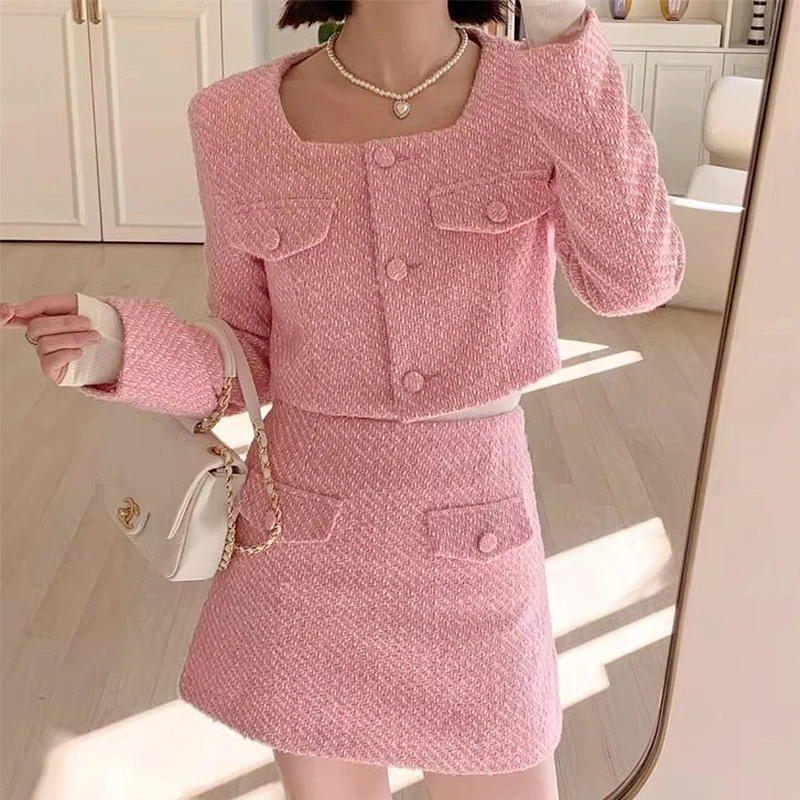 

Woolen Jacket+high Waist Short Skirt Sets for Women Elegant Retro Pink Short Coat &Skirt Two Piece Suits Autumn Tweed Outfits