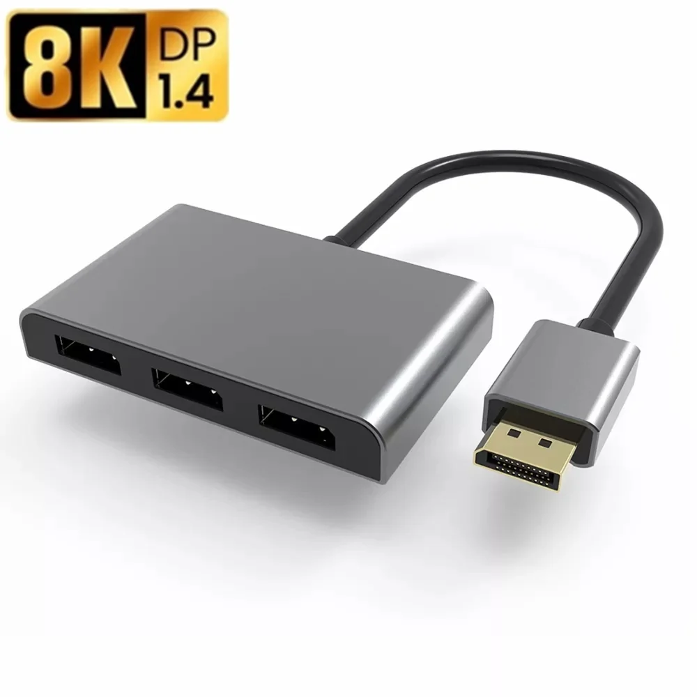 Aluminiumgehäuse 1 in 3 out Displayport Splitter 8K@60Hz 4K@120Hz DP 1.4 MST Hub Extended und Mirror Mode Adapter_voghion.com
