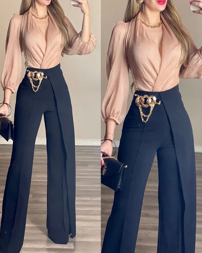 

Women's Temperament Commuter 2023 Autumn New Fashion Casual High Waist Elegant Chain Decor Fake Two Piece Work Pants Office Lady