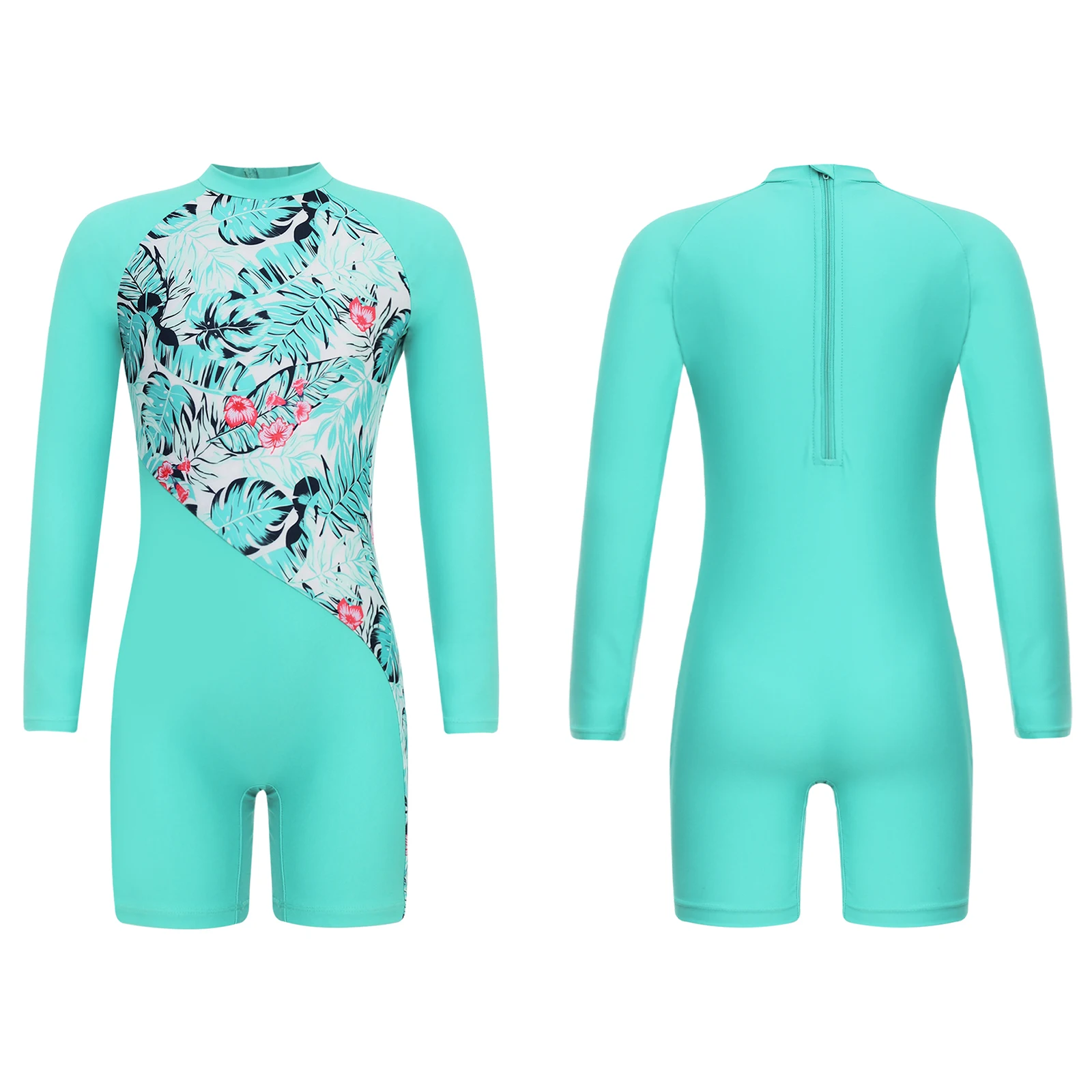 

2024 Kids Girls One-piece Athletic Swimsuit Long Sleeve Print Boyleg Swimwear Beachwear Bathing Surfing Suit UPF 50+ Rash Guard