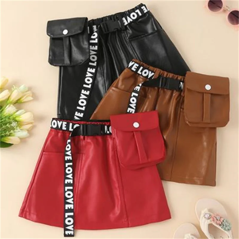 

Новые модные повседневные юбки из искусственной кожи для девочек, модные детские трапециевидные юбки с карманами