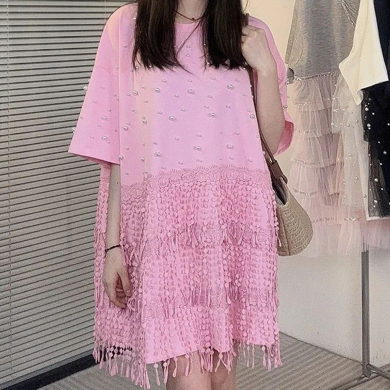 

2024 Summer New Long T-shirt Dress Women Heavy Industry Nailed Beads Lace Loose Fashion Casual Pink Dress LX1373