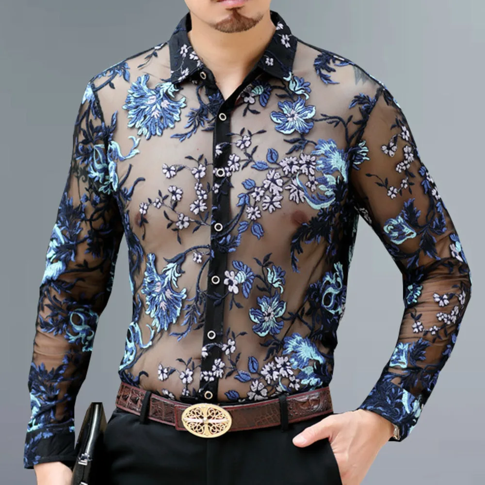 Luks effaf gomlek erkekler Chemise Homme seksi orgu gomlek erkekler 4xl nak dantel kulubu parti gomlek cicek gomlek AliExpress