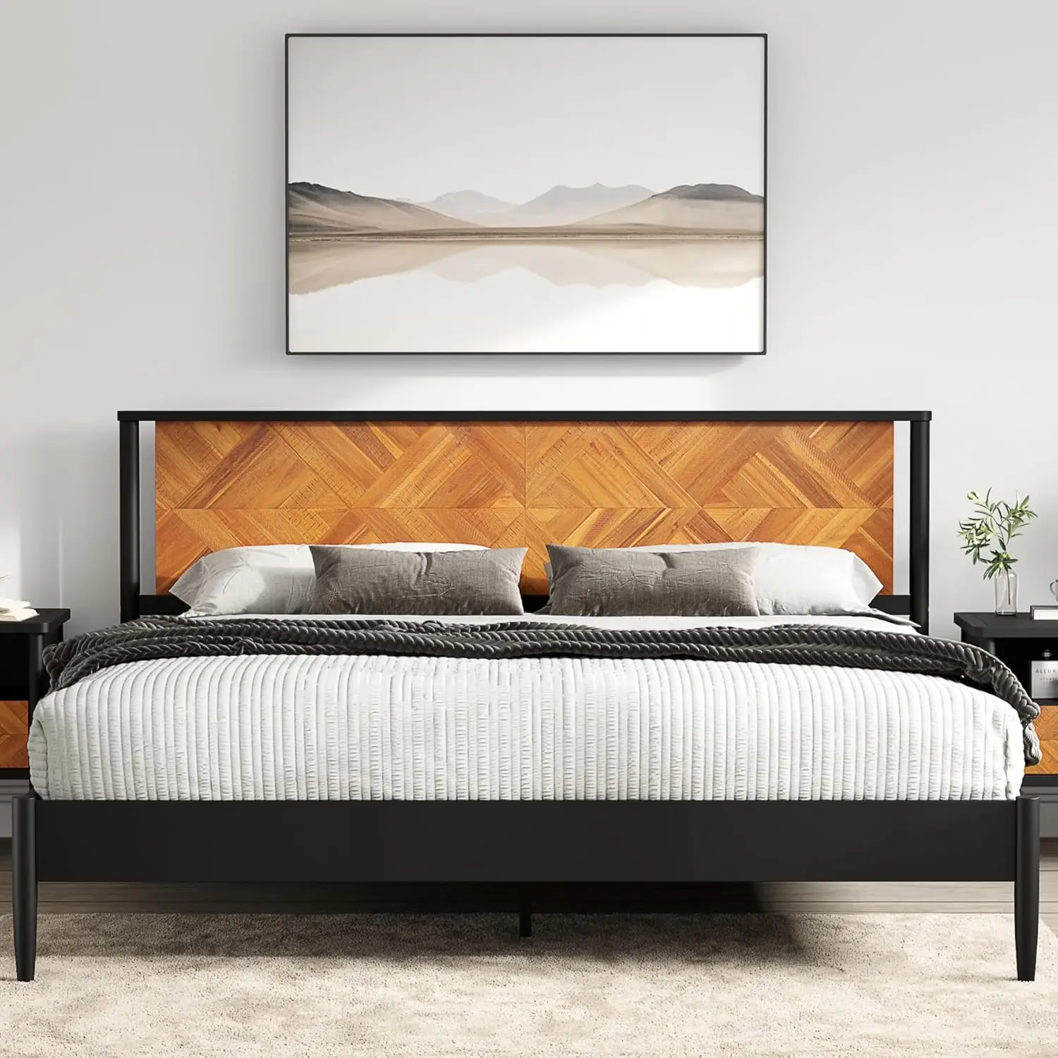 Queen Size Heavy Duty Platform Bed Frame with Headboard,Solid Wood Bed Frame, No Box Spring Needed, - Queen - Teak Brown 5