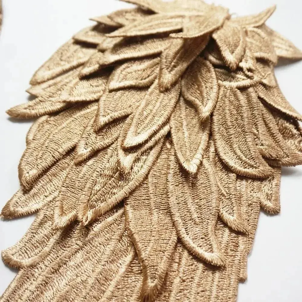 2Pcs 자 수 천사 날개 골드 브라운 Applique 바느질 꽃 칼라 패치 웨딩 파티 가운 신부 드레스 의류 DIY 공예
