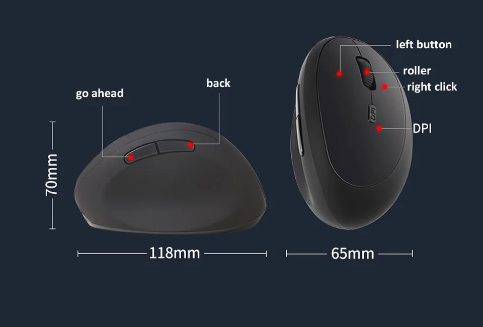 Hkza-mouse vertical sem fio, ergonômico, usb, 1600dpi,
