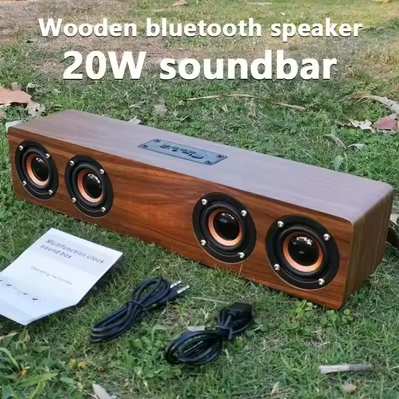 W8C 12W Wooden Bluetooth Speaker With 4 Loudspeakers 52mm Diameter TF Card Playback 3.5mm AUX Audio Input FM Radio Clock_voghion.com