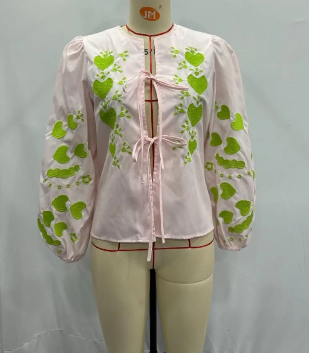 Women Embroidery Contrasting Shirts Loose Long Lantern Sleeve Single-breasted Blouses 2024 Spring Summer Lady All-Match Tops